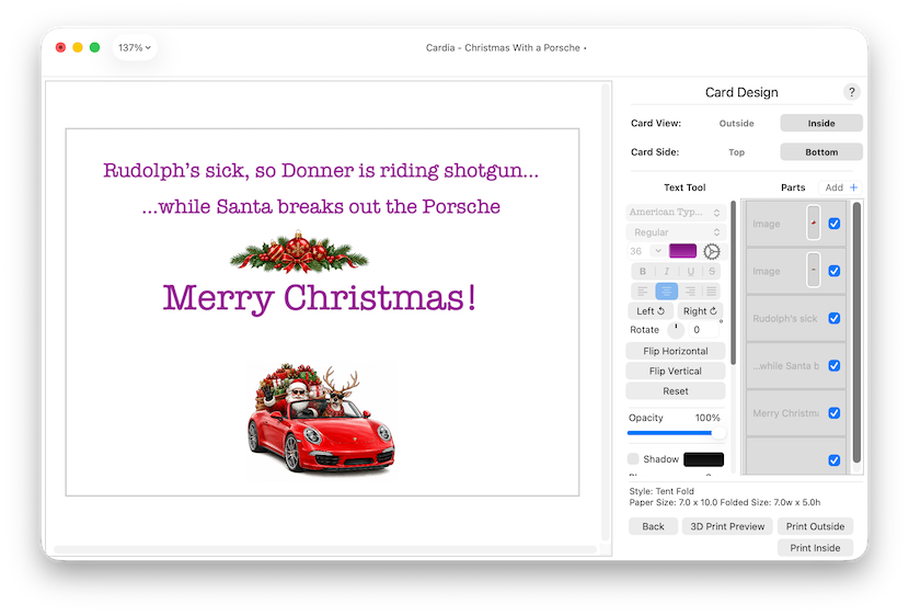 Dragging holiday clipart onto a card in Cardia